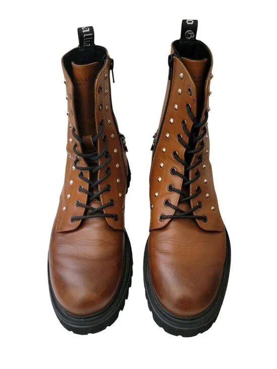 JOHN GALLIANO Curb Link Brown Leather Combat Boots w/ Side Zipper Sz 43 - Picture 3 of 9